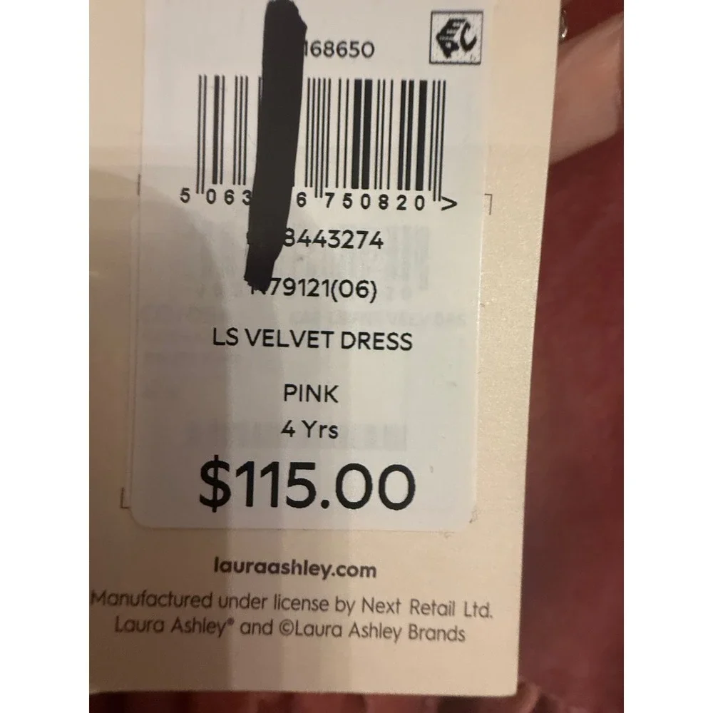 Laura Ashley Kids Pink Velvet Dress Peter Pan Collar Lace Trim Long Sleeve 4Y